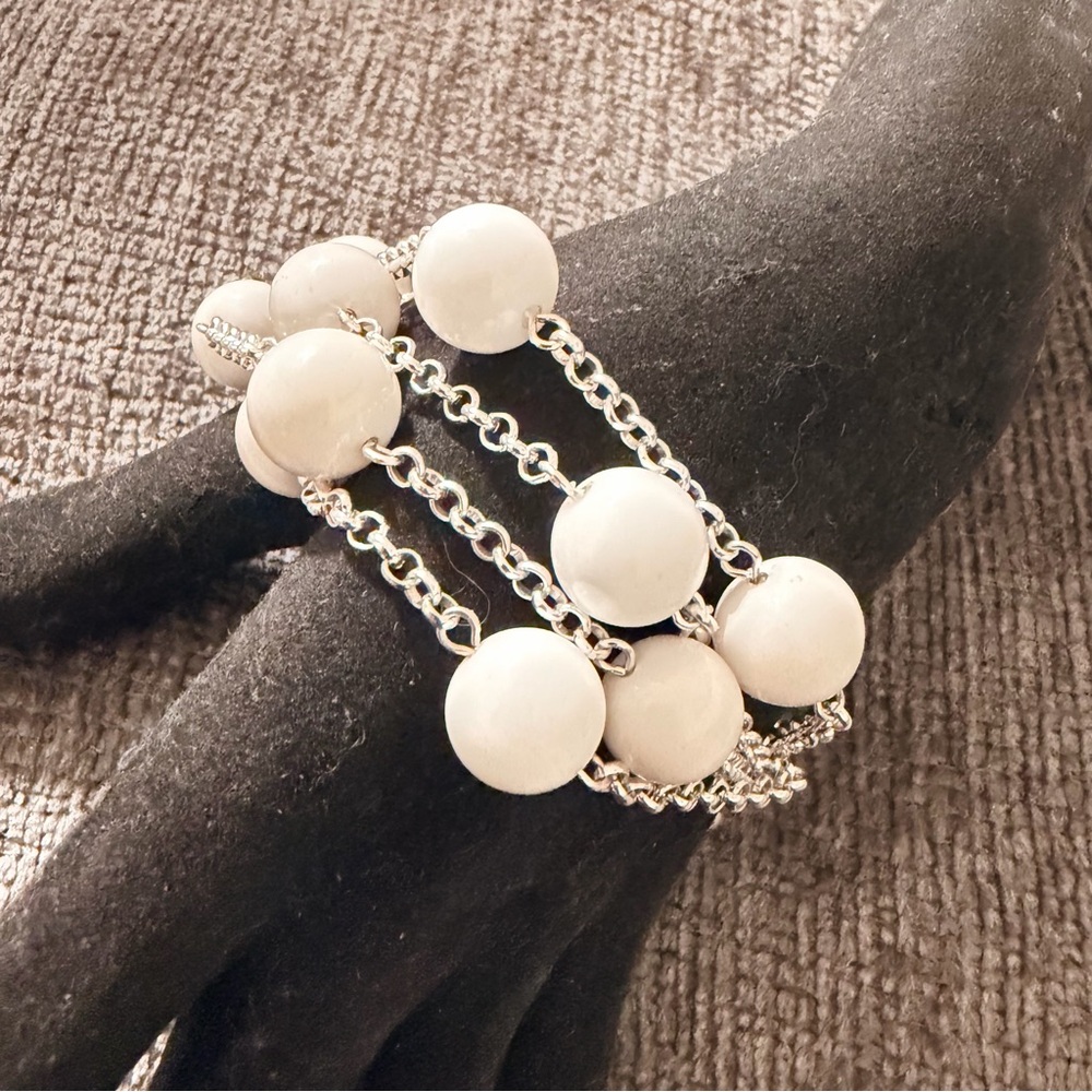 Multilayered Silver And White Beaded Bracelet - image 2